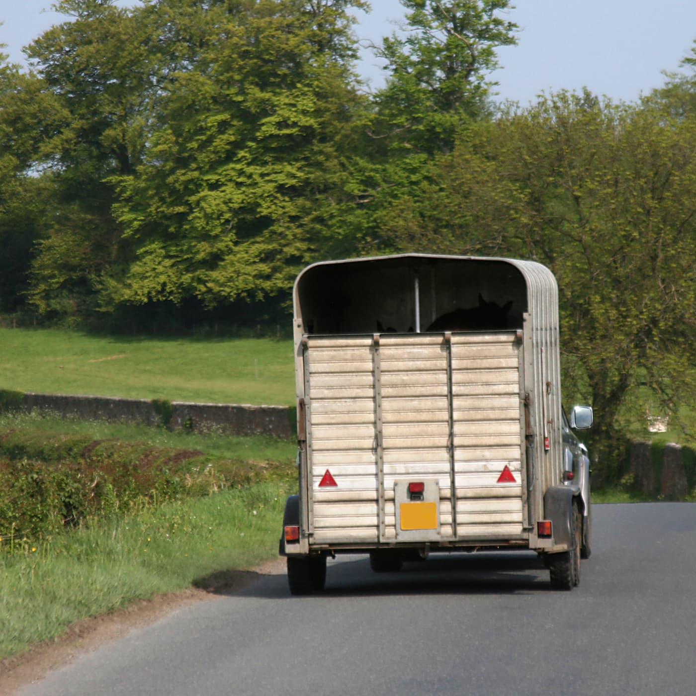 Horse trailer traveling down an empty country road.