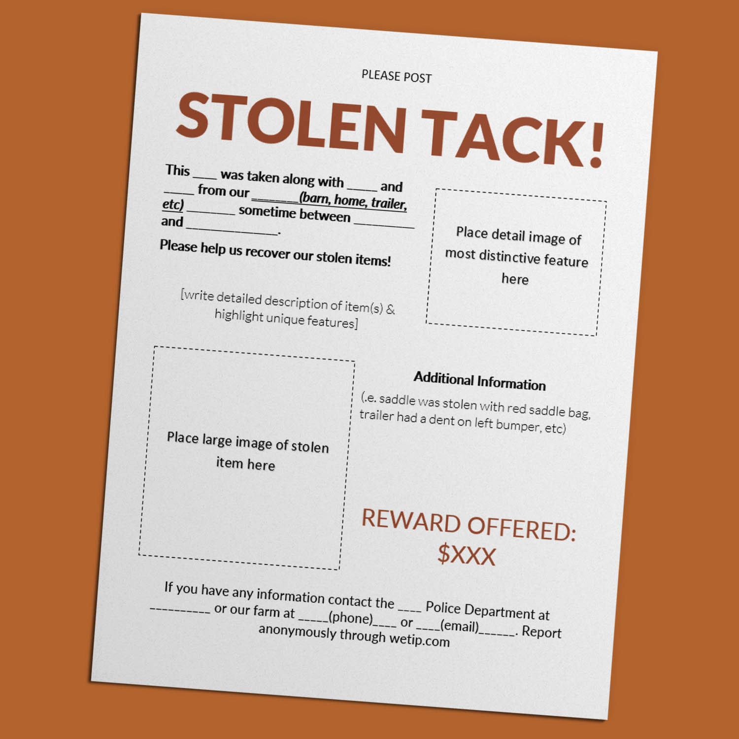 Downloadable flyer template announcing a stolen tack or trailer sample